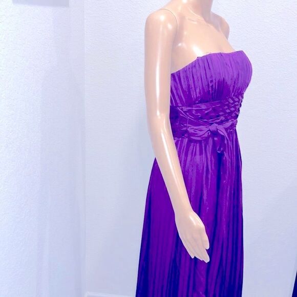 Bcbgmaxazria silk strapless pleated purple maxi dress with selftie at waist. - Picture 4 of 7